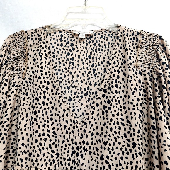 Umgee Womens 2XL Animal Print Babydoll Dress High Low Hem Balloon Sleeve Tan - Picture 3 of 10